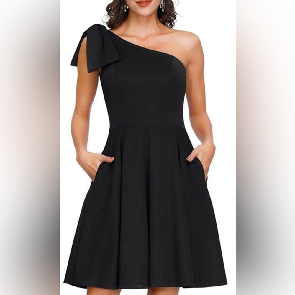 JASAMBAC Black Bow One Shoulder Dress Formal Cocktail Dress women’s sz med